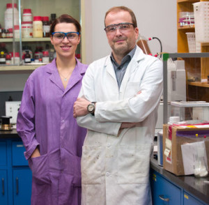 University of Calgary PhD student Monika Stolar and professor Thomas Baumgartner are part of a group in the Department of Chemistry working to create carbon-based batteries. Photo by Riley Brandt, University of Calgary.
