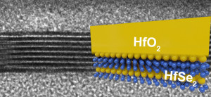 The black and white bands reveal alternating layers of hafnium diselenide and hafnium dioxide. (Image credit: Michal Mleczko)