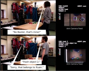 Human-robot interaction. Above: Robot is advised when it is about to trash object 2. Below: After learning ownership and action privileges through interaction, the robot refuses to trash object 2 when asked by someone other than the owner. Image: Tan, Brawer & Scassellati / Yale University.
