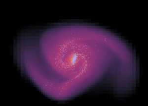 Simulated matter distribution after 1.5 billion years. Lighter regions correspond to higher gas density. Image: AG Kroupa/Uni Bonn.