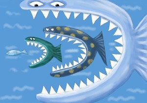 Großer Fisch frisst kleinen Fisch
