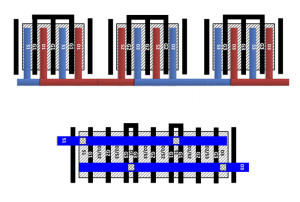 Unterschied der Kontakt-Metallisierung dreier Transistoren zwischen alter und neuer Geometrie. Bild: Purdue University