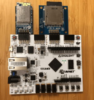 Arty FPGA Board mit Pmod WiFi auf der linken Seite und Pmod SDcard Slot auf der rechten Seite.
