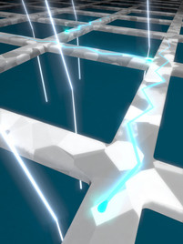 The image shows a network of silver nanowires created with the new technique. The white lines running from top to bottom represent rays of light, which move in a straight line through the lattice. The blue lines are the electrons that cannot pass straight