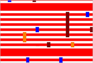 Place & Route der 9T-Library (rot: M2 Layer, andere Farben: Cut Layer)