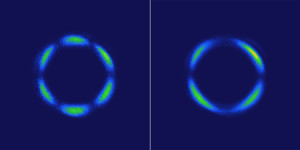 Lichtpatronen gegenereerd door een kristal op basis van rhenium: links de normale variant, rechts de 3D quantum-variant (foto © Hsieh Lab / Caltech).