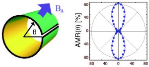 Links: schematische weergave van een grafeen-nanorol; rechts: de directionele afhankelijkheid van de magnetoweerstand (afbeelding: Ching-Hao Chang).