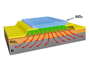 Experimentele transistor met siliciumoxide als basis, koolstof als 2D-laag en aluminiumoxide als afdekmateriaal. Afbeelding: Zahra Hemmat / uic.edu
