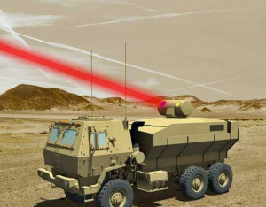 Rendering van een op een militair voertuig gemonteerd 60kW-laserwapen voor het Amerikaanse leger. Afbeelding: Lockheed Martin