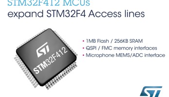 The STM32F412 comes with high-performance interfaces to off-chip memory via dual-mode 100MHz Quad-SPI and a Flexible Memory Controller (FMC) for static memory that allow efficient expansion of the integrated 1MB Flash and 256KB RAM. 
