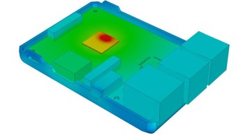 Thermal simulation highlights processor as clear hotspot. Image: Tom Gregory, 6SigmaET.