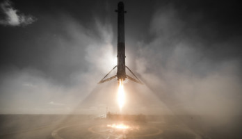 A SpaceX Falcon 9 rocket landing on the drone ship after a successful space flight on 14 January 2017.  Photo courtesy of SpaceX. Public domain.