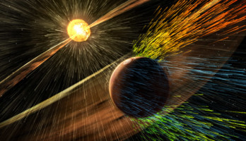 Künstlerische Grafik illustiert, wie der Mars durch Sonnenwind Gas verliert. Bild NASA/GSFC