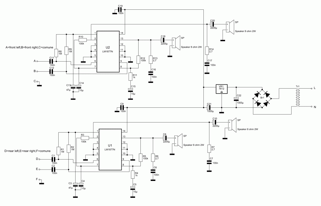 Amplificatore audio quadrifonico da 2 W
