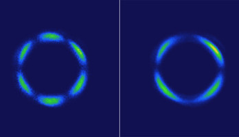 Lichtpatronen gegenereerd door een kristal op basis van rhenium: links de normale variant, rechts de 3D quantum-variant (foto © Hsieh Lab / Caltech).