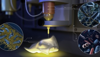 Met de nieuwe techniek kunnen biochemische minifabriekjes op complexe oppervlakken worden geprint (afbeelding: science animated by Bara Krautz).
