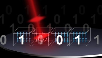 ‘Artist impression’ van het optische schakelen van magnetische bits. Een laserpuls (rood) verandert de richting van de magnetisatie en bepaalt daarmee of het een 0 of een 1 wordt (afbeelding: TU Eindhoven).
