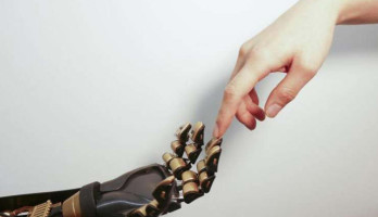 Een menselijke vinger raakt een robotvinger aan. Foto: Bao Lab