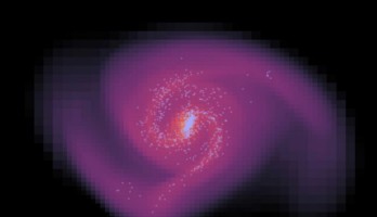 Materieverdeling 1,5 miljard jaar na het begin van de simulatie (lichtere kleur = dichter gas; lichtblauwe punten = jonge sterren). Afbeelding: AG Kroupa / Uni Bonn.