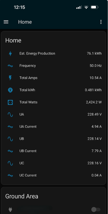 Home Assistant dashboard displaying real-time energy data from the ESP32 Energy Meter