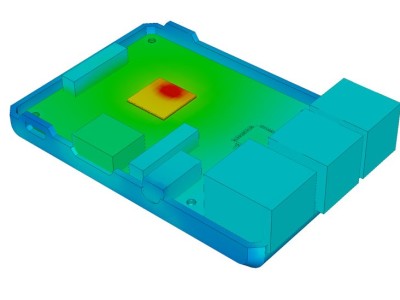 Thermal simulation highlights processor as clear hotspot. Image: Tom Gregory, 6SigmaET.
