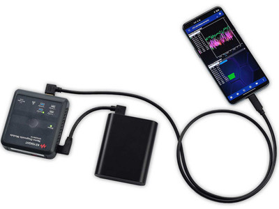 Keysight’s new Nemo Diagnostics Module connects to the 5G smartphone via a micro USB port, which in turn is connected to an external battery.