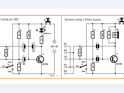 Circuit: Simple Transistor Tester with LED or Piezo Buzzer indicator