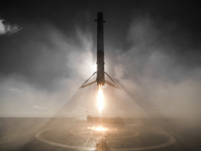 A SpaceX Falcon 9 rocket landing on the drone ship after a successful space flight on 14 January 2017.  Photo courtesy of SpaceX. Public domain.