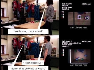 Human-robot interaction. Above: Robot is advised when it is about to trash object 2. Below: After learning ownership and action privileges through interaction, the robot refuses to trash object 2 when asked by someone other than the owner. Image: Tan, Brawer & Scassellati / Yale University.