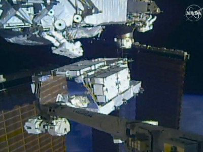 NASA astronauts Christina Koch and Andrew Morgan outside the ISS. Image taken from a NASA video.