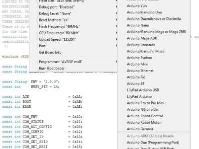 Figure 7 Arduino IDE: selecting the ESP12E board, setting baud rate and COM port