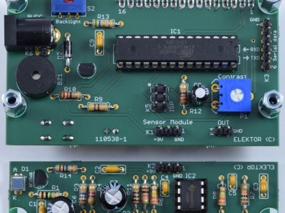 Top view Improved Radiation Meter 110538-1 v2.2 Top view on both PCBs of the Improved Radiation Meter 110538-1 v2.2