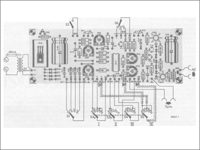Verdrahtungsschema für die Buchsen, Schalter und Potentiometer der Frontplatte.