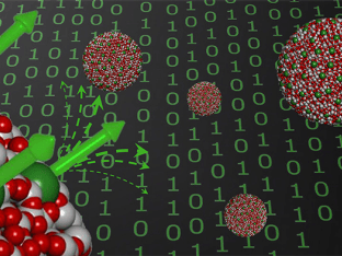 Durch Magnetisierung können Dysprosium-Atome (grün) auf einer Oberfläche von Nanoteilchen zwei Spinrichtungen annehmen. (Abbildung: ETH Zürich/Université de Rennes)