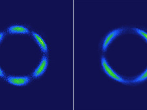 Lichtmuster, die durch ein Kristall auf Rheniumbasis erzeugt wird. Links die normale, rechts die 3D-Quanten-Variante (Foto © Hsieh Lab / Caltech).