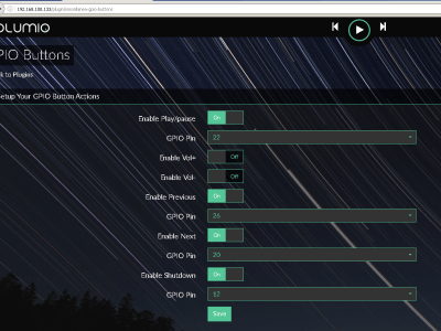 Menu of plugin Volumio 2 for configuring GPIO buttons Menu of plugin Volumio 2 for configuring GPIO buttons