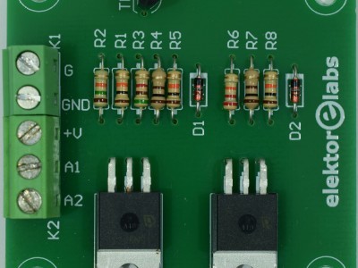 Prototype PCB 160515-1 v1.1 Top view of prototype PCB 160515-1 v1.1 (Two-anode MOSFET thyristor)