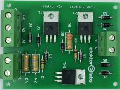 Prototype PCB 160515-2 v1.1 Top view of prototype PCB 160515-2 v1.1 (Two-anode MOSFET thyristor)