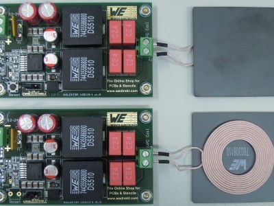 Transmitter+receiver (160199-1 v1.0) Transmitter and receiver with WPC coils connected (PCB 160199-1 v1.0)