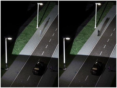 Camouflage-effect
Links: koplampen zorgen dat de persoon net zo licht is als de omgeving en onzichtbaar wordt.
Rechts: koplampen schijnen niet op voetganger en zodat er meer contrast is tussen de omgeving en de voetganger.