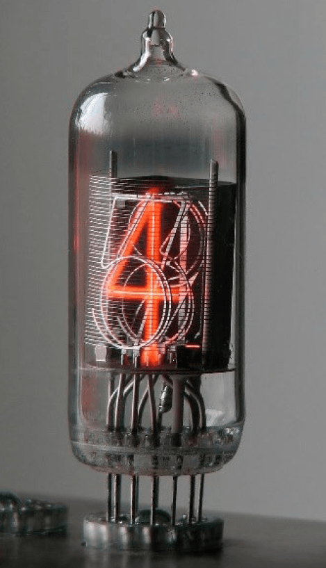 Nixie tube with the “4” cathode illuminated. Usually, a red or orange filter is used to enhance contrast