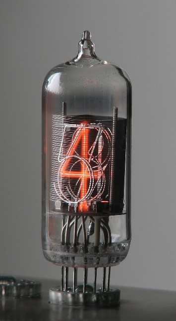 Nixie tube with the “4” cathode illuminated. Usually, a red or orange filter is used to enhance contrast