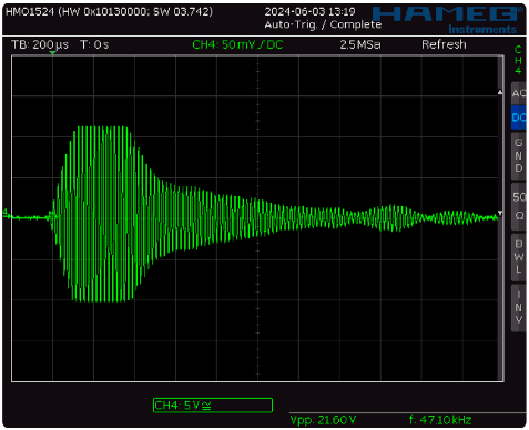 Oscilloscope screenshot. This is what the signal from a functioning parking sensor looks like.