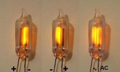 Neon lamps supplied with DC in opposite polarities, and AC, respectively.
