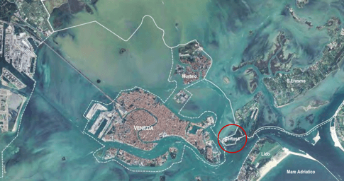 La Certosa Island circled in red