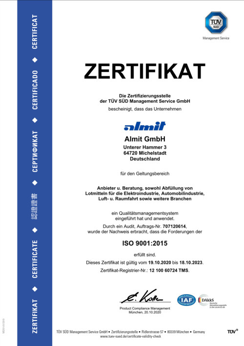Almit ist ISO 9001:2015 zertifiziert