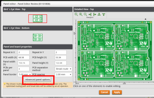 eurocircuits panel editor advanced button