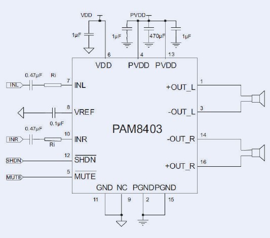 Reference design for the PAM8403 stereo amplifier