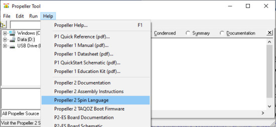 Access to the Spin2 documentation through the Help menu.