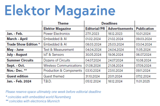 Elektor 2024 editorial calendar - electronics projects and more